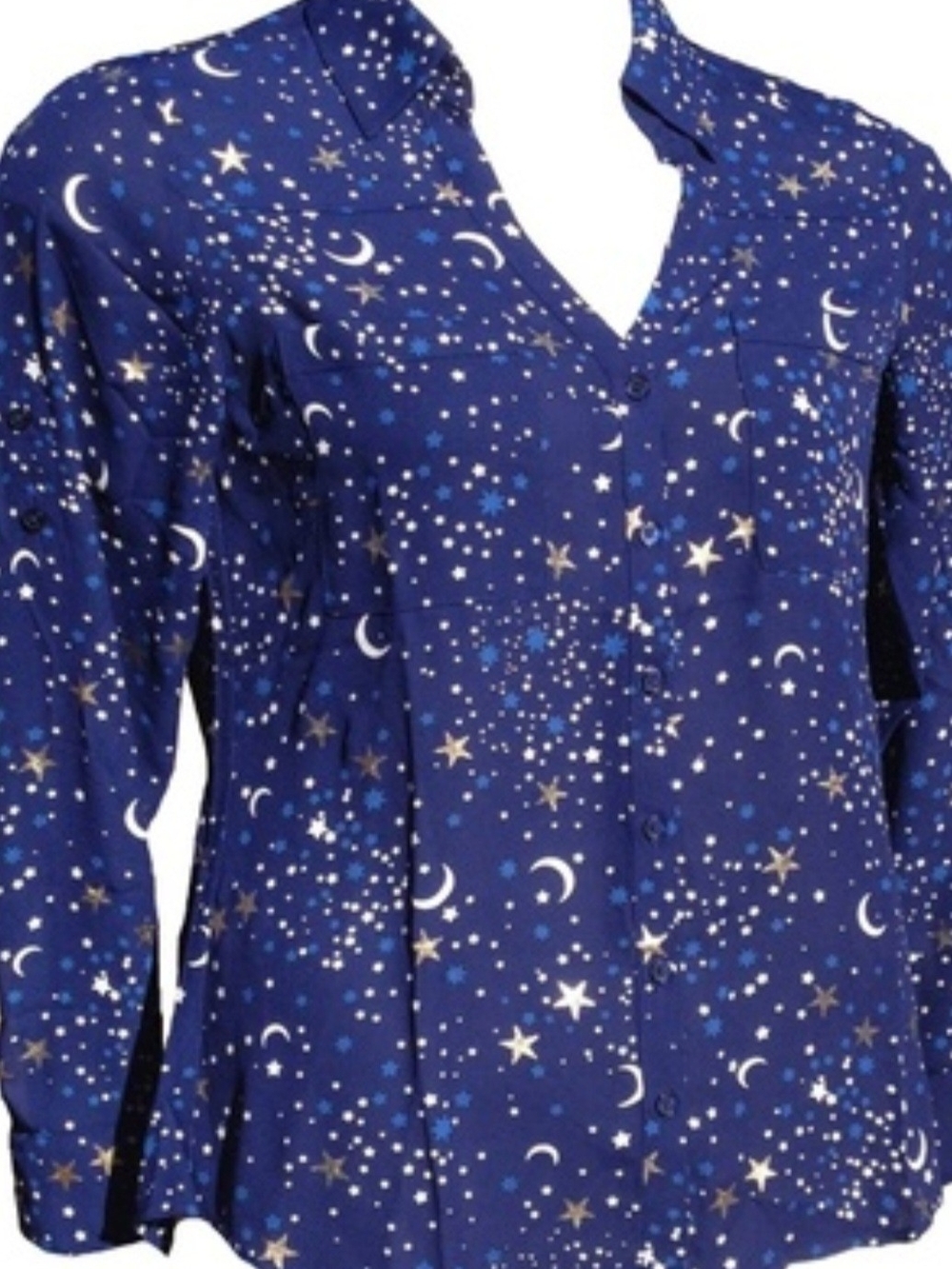 ISO Express Navy Star & Moon Print Button-Front Blouse